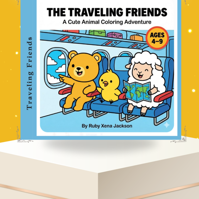 The Traveling Friends coloring book cover showing a teddy bear, chick, and sheep traveling on an airplane, children’s printable coloring book ages 4–9.