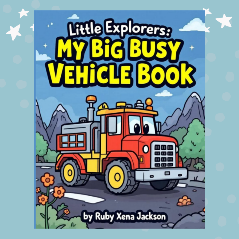 Printable vehicle coloring book cover showing cars, trucks, and planes for kids ages 4–8