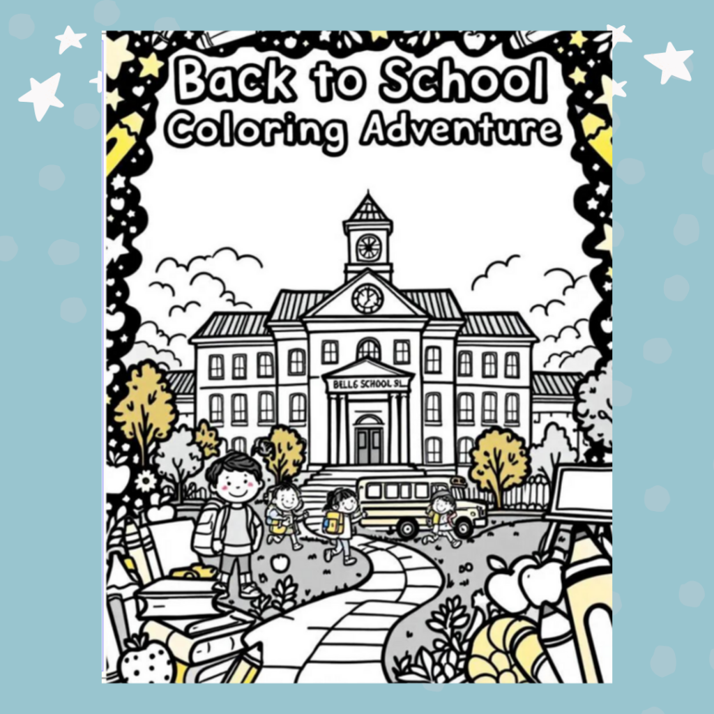 Cover of "Back to School Coloring Adventure" featuring colorful school elements for children ages 4–8