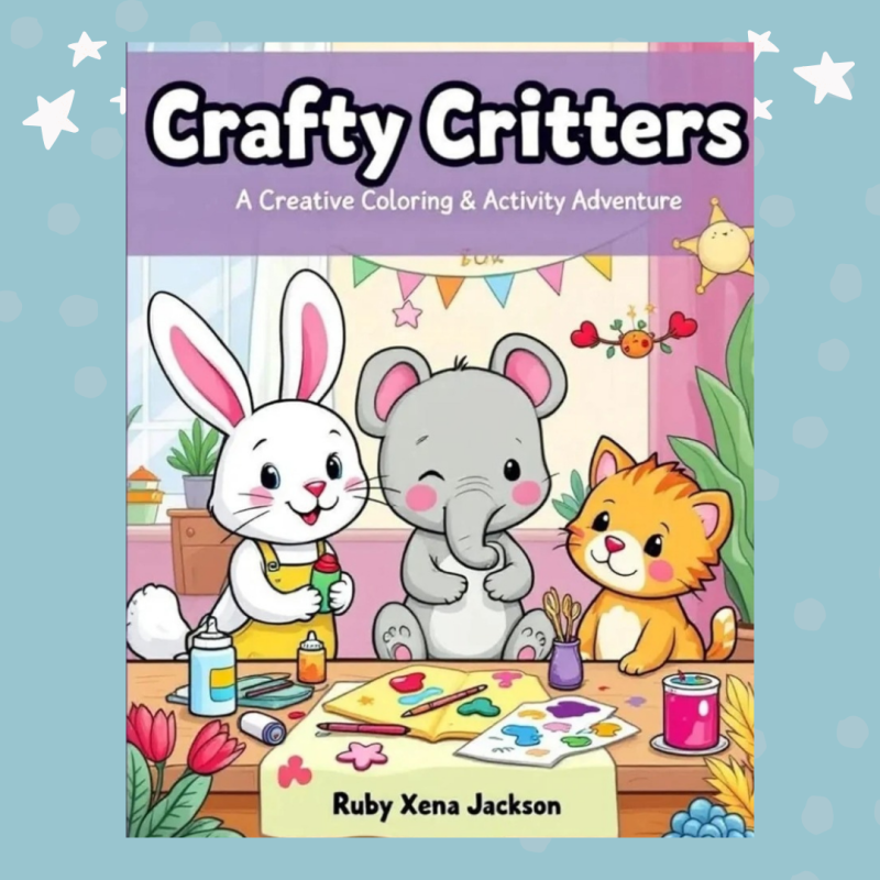 Cover of “Crafty Critters Club” activity book showing 10 cute animal characters crafting and playing