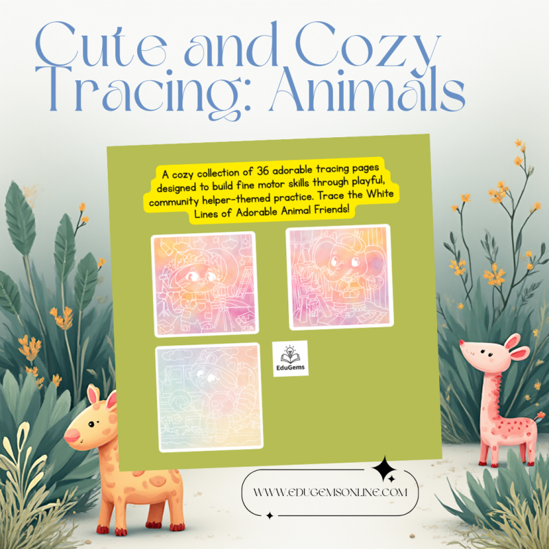 Interior preview of Cute and Cozy Tracing Animals workbook showing sample tracing pages