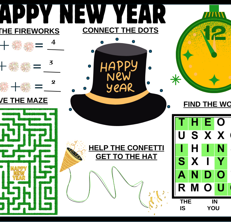 Happy New Year activity placemat printable with bold black-and-white puzzles and coloring activities, including a maze, word search, connect-the-dots, and number puzzle, designed for kids, families, and active seniors.