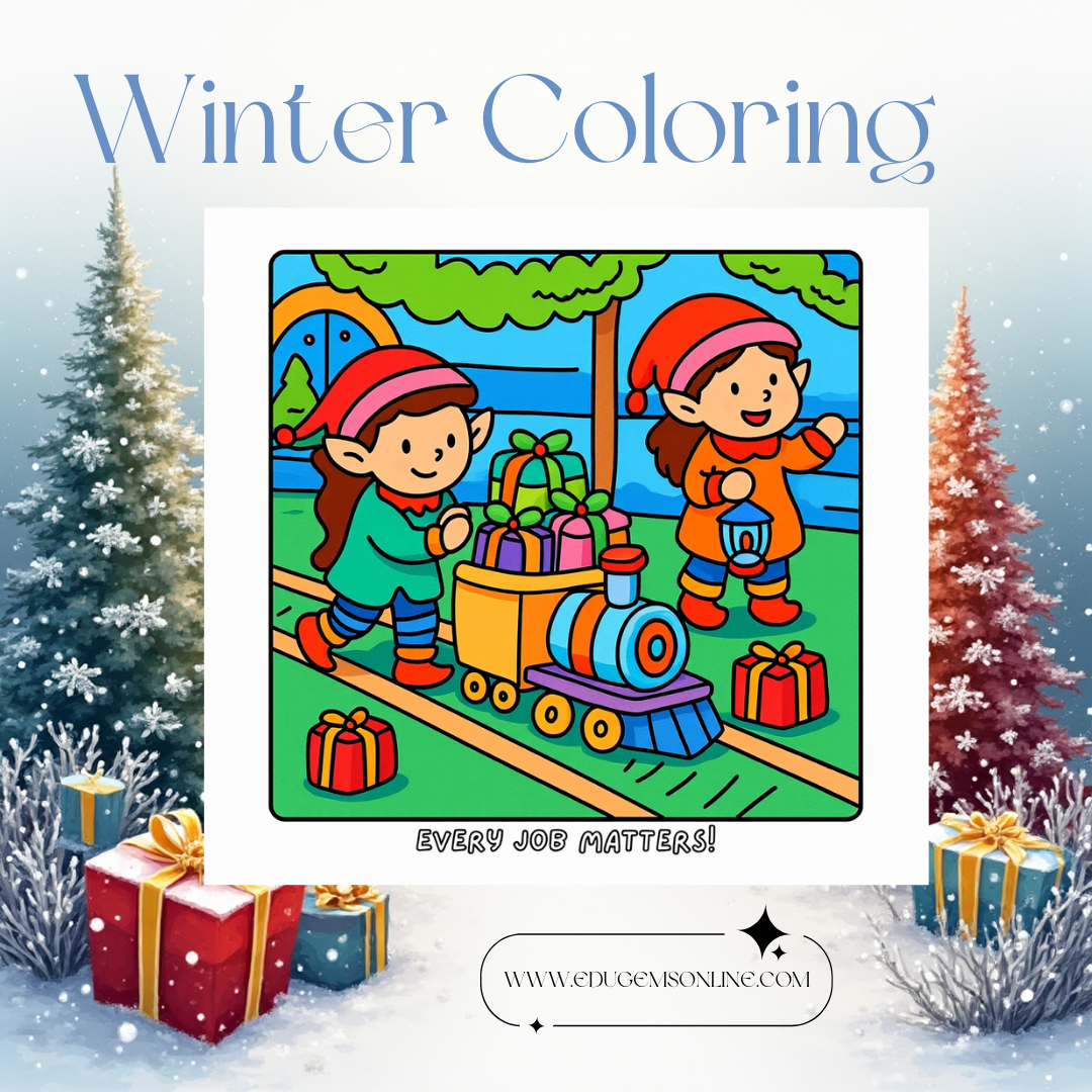 Joyful North Pole coloring scene with elves