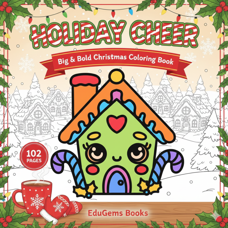 Holiday Cheer coloring book cover with gingerbread house, snow-covered trees, and festive Christmas design for all ages