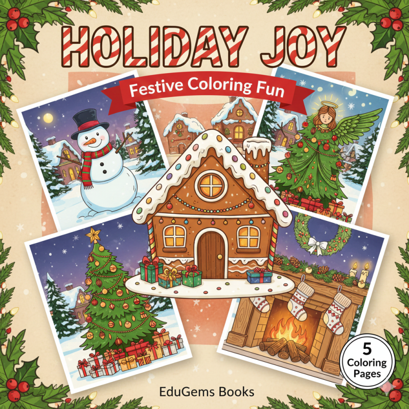 Cover image of the Holiday Cheer Bonus Coloring Pack featuring a festive gingerbread house, Christmas trees, snow, and holiday decorations in a cozy winter scene.