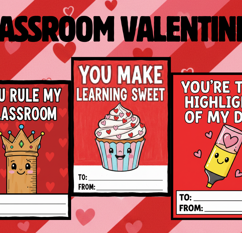 Classroom Valentine printable cards with cute school designs