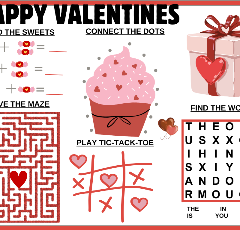 Valentine coloring and puzzle placemat for children