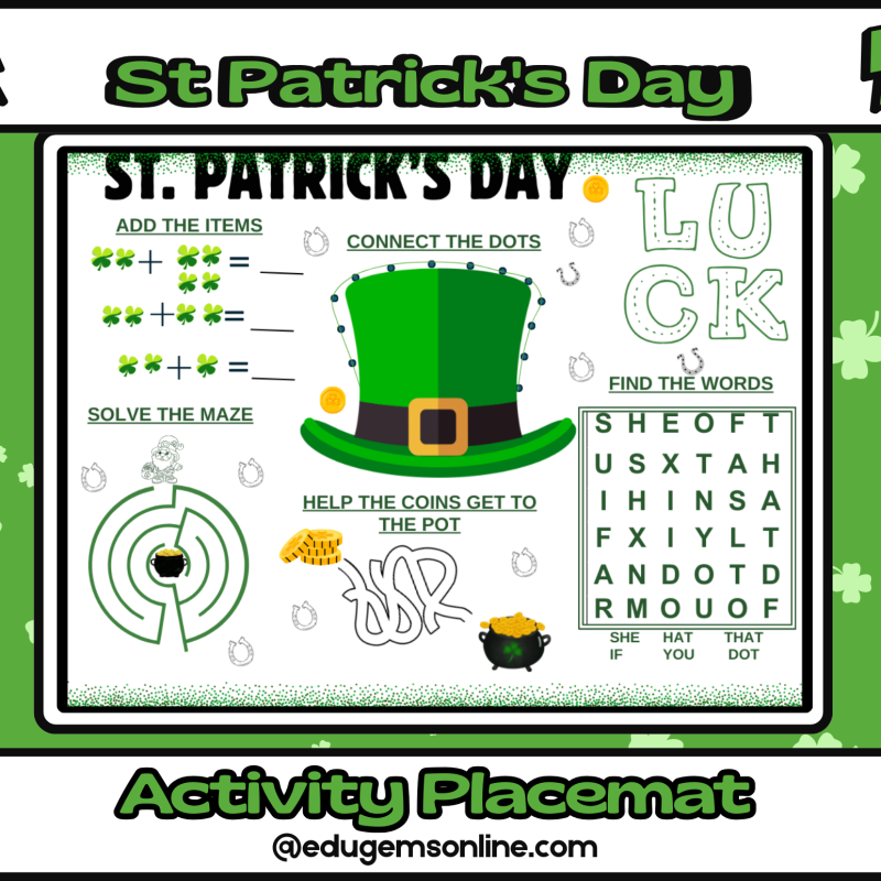 St Patricks Day Activity Placemat Printable with Maze Crossword and Coloring for Kids