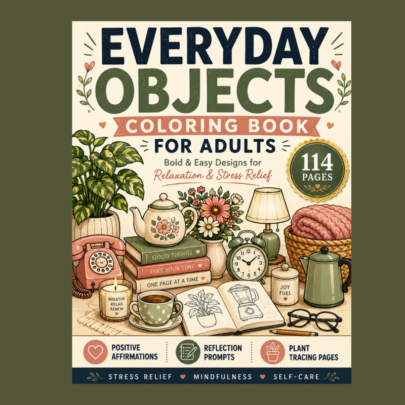 Everyday Objects Coloring Book for Adults cover with cozy illustrated household objects, plants, books, and mindfulness features.