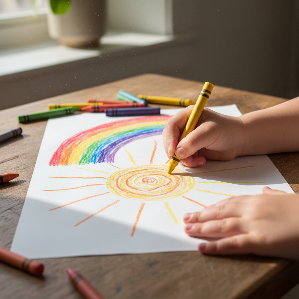 Close-up of a child drawing a colorful sun and rainbow