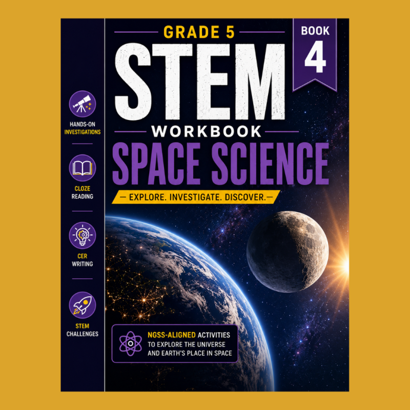 Grade 5 STEM Workbook Space Science featuring solar system, moon phases, and space exploration activities.