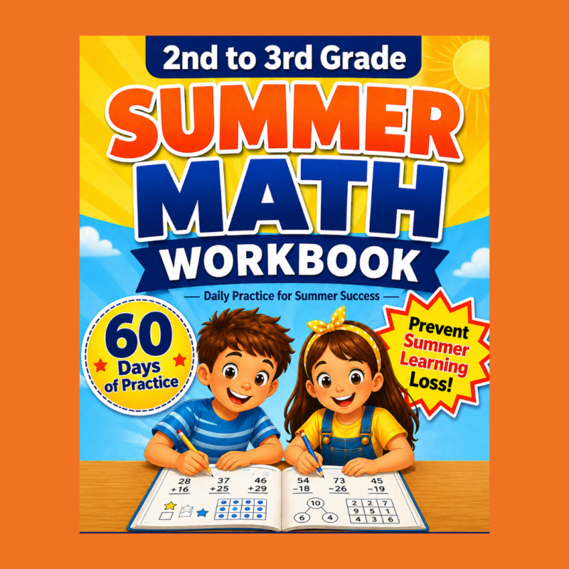 Summer Math Workbook for 2nd to 3rd Grade students featuring 60 days of daily math practice, addition, subtraction, number bonds, problem-solving activities, and answer key to help prevent summer learning loss.