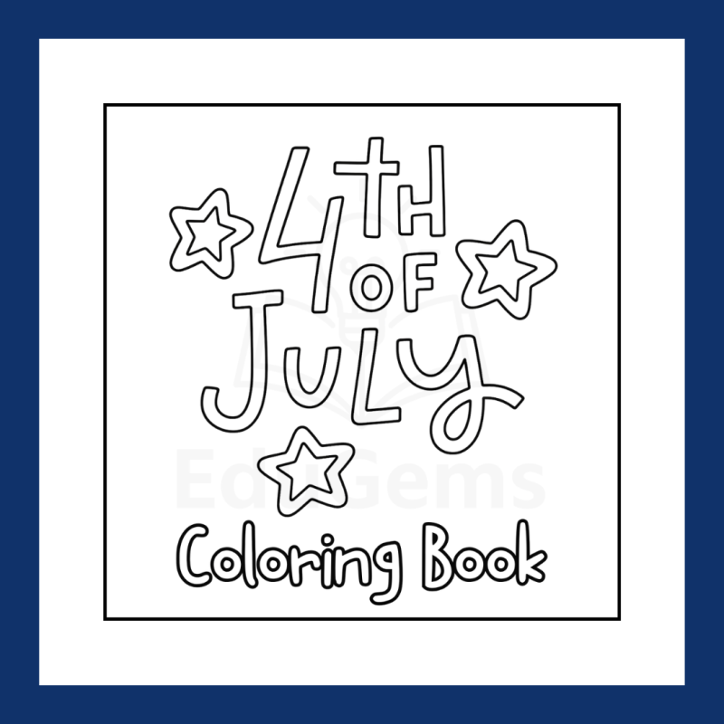 Children's 4th of July Coloring Book featuring patriotic parade, fireworks, eagle mascot, duck drummer, and Independence Day activities for kids.