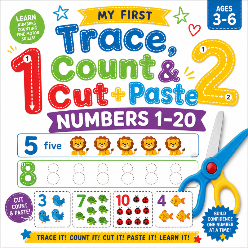 Bright educational cover for Trace, Count & Cut + Paste Numbers 1–20 workbook