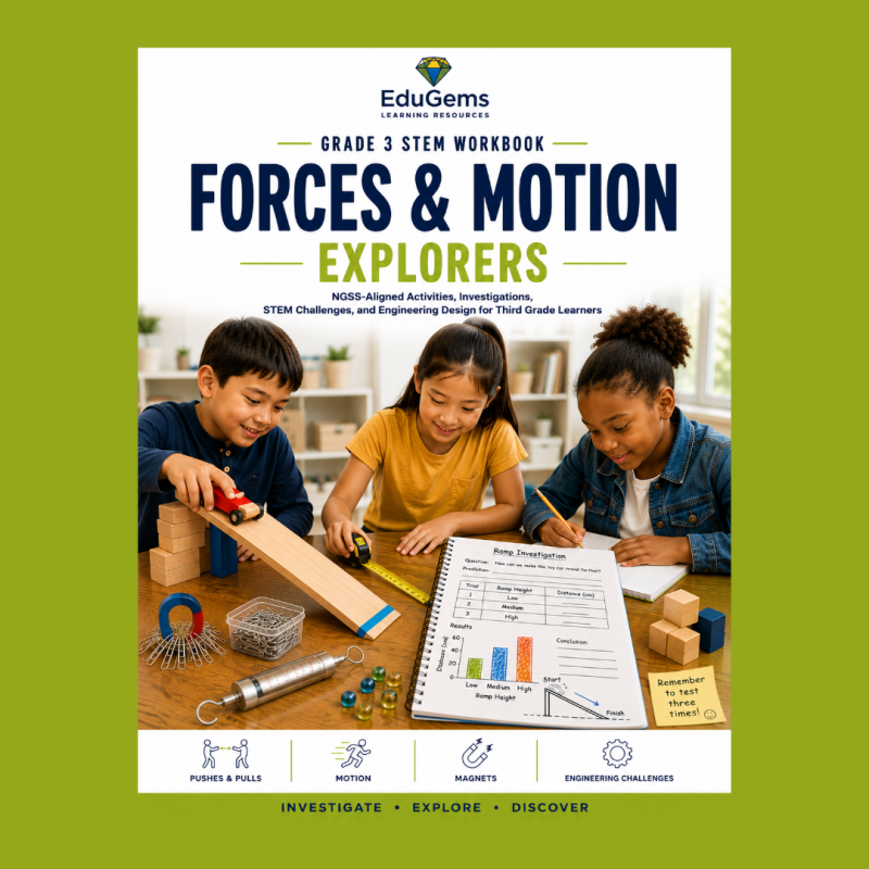 Grade 3 Forces and Motion Explorers STEM workbook cover by EduGems