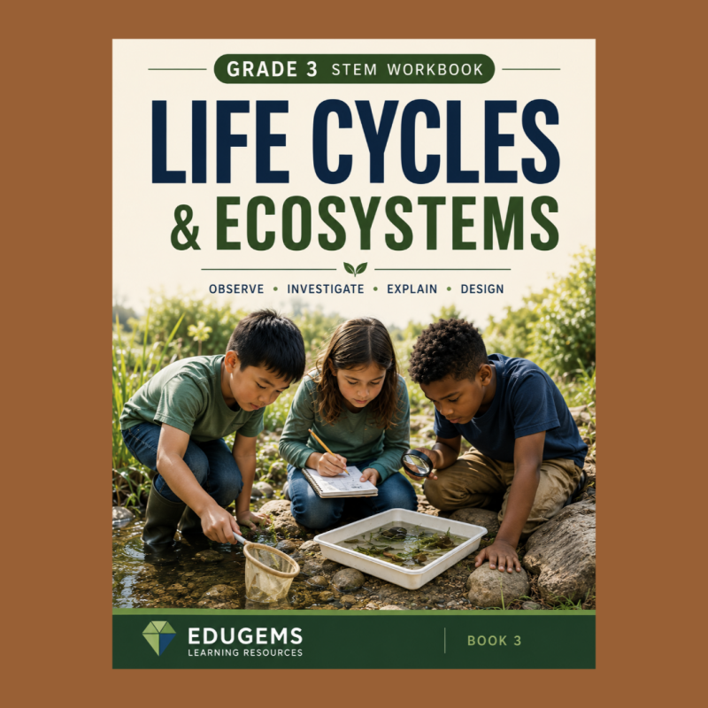 Grade 3 Life Cycles and Ecosystems STEM workbook cover by EduGems