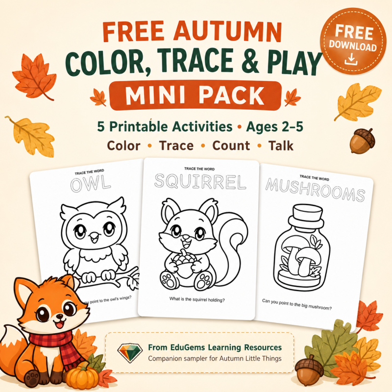 Free Autumn Color, Trace & Play Mini Pack for ages 2–5